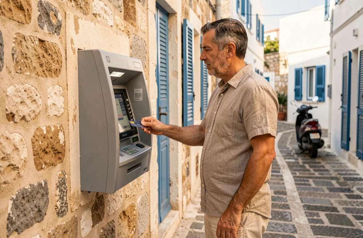 Homme retirant des euros à un distributeur automatique dans une ruelle pittoresque d'une île grecque pendant des vacances all inclusive