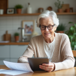 Femme retraitée souriante vérifiant ses documents de pension