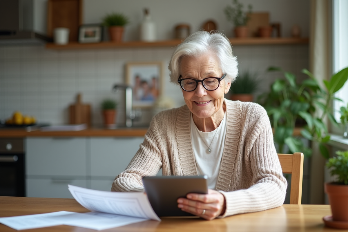 Femme retraitée souriante vérifiant ses documents de pension