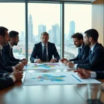 Groupe de professionnels discutant autour d'une carte de l'Europe