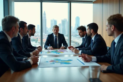 Groupe de professionnels discutant autour d'une carte de l'Europe