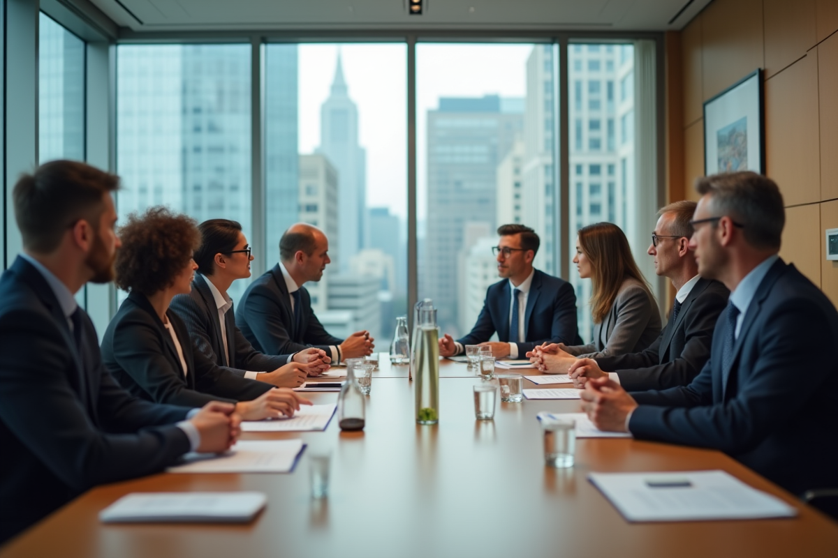 Groupe de professionnels discutant lors d une réunion d affaires