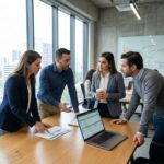 Équipe commerciale et comptable réunie autour d'une table de réunion pour harmoniser la gestion des relances clients