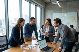 Équipe commerciale et comptable réunie autour d'une table de réunion pour harmoniser la gestion des relances clients