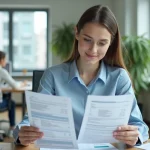 Jeune salariée découvrant les documents d'épargne salariale Crédit Mutuel dans un bureau moderne
