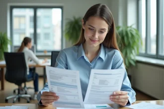 Jeune salariée découvrant les documents d'épargne salariale Crédit Mutuel dans un bureau moderne