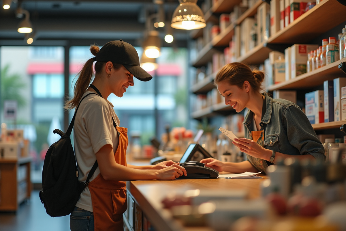 Vente en magasin avec un employé scannant des produits à la caisse