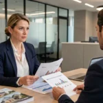 Conseillère bancaire CIC présentant des documents de SCPI en assurance vie à une cliente dans une agence moderne