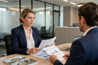 Conseillère bancaire CIC présentant des documents de SCPI en assurance vie à une cliente dans une agence moderne