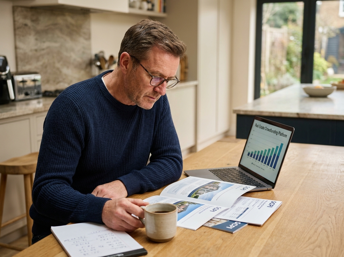 Homme d'âge mûr étudiant des brochures SCPI et une plateforme de crowdfunding immobilier depuis son domicile avec des notes manuscrites