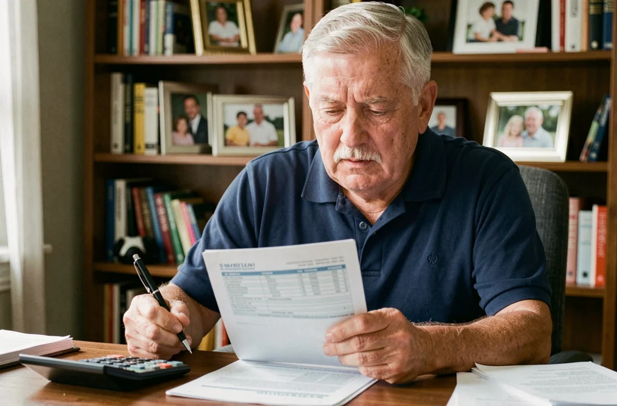 Senior de 65 ans consultant sa facture de mutuelle santé mensuelle à son bureau à domicile