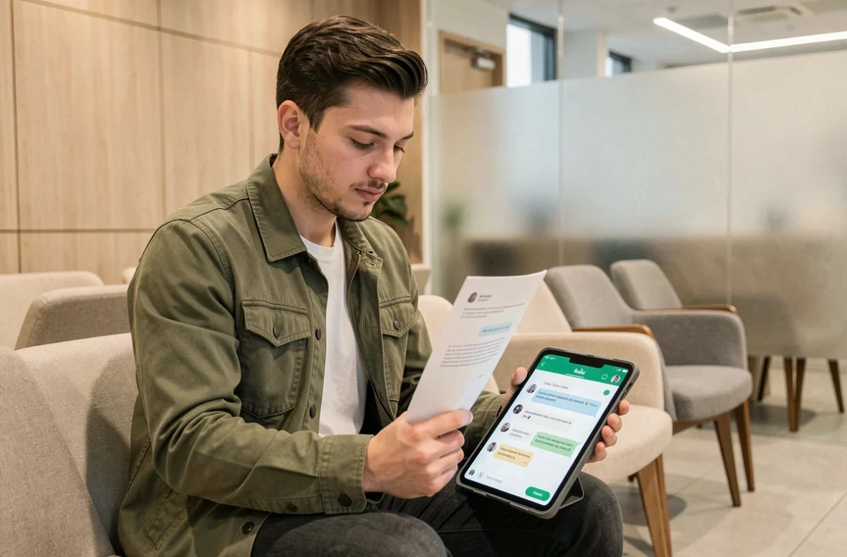 Jeune homme en agence bancaire consultant le service client en ligne sur une tablette pour résoudre un blocage de compte Hello bank