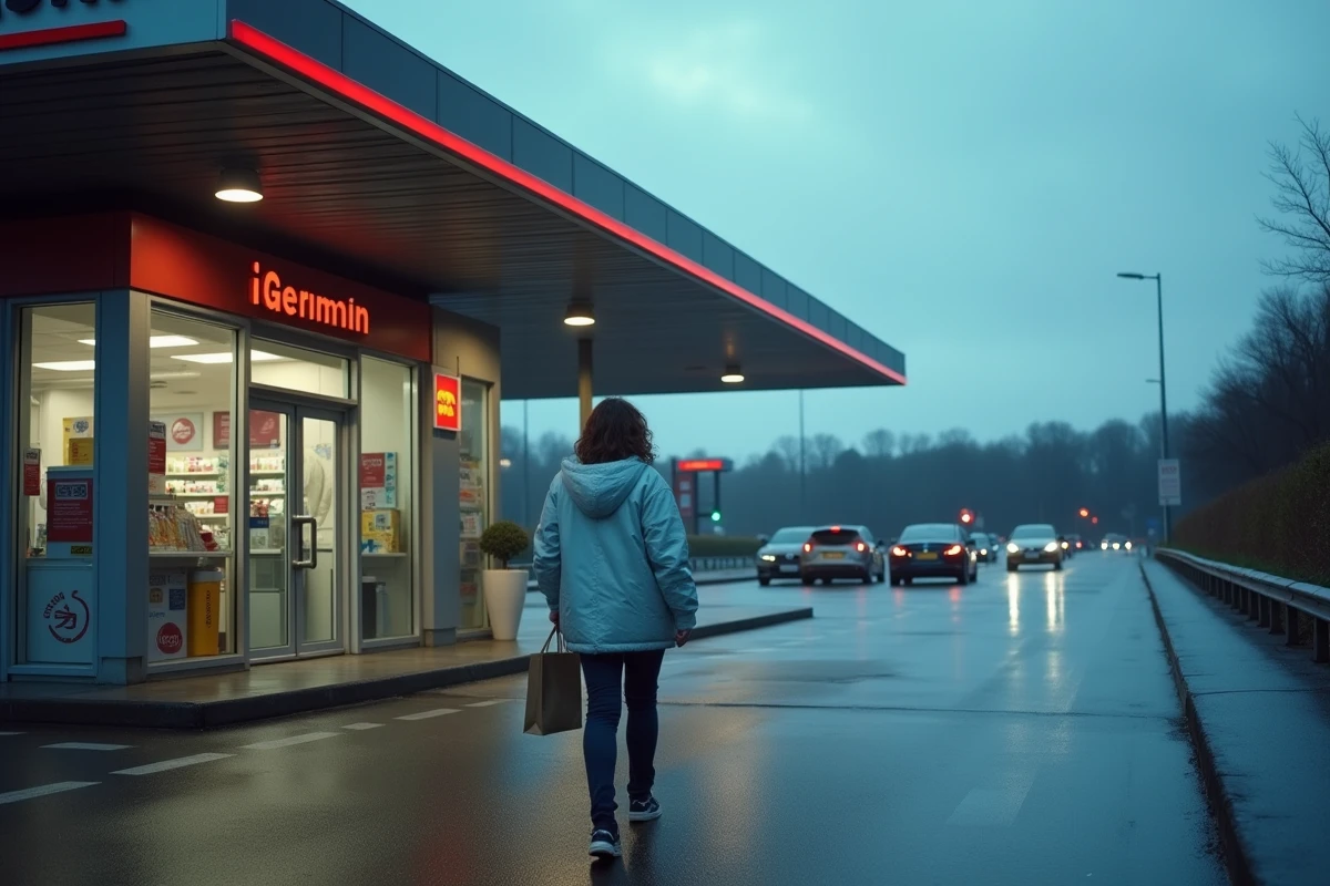 Station-service allemande sur l'autoroute avec une cliente sortant d'une boutique tenant ses achats