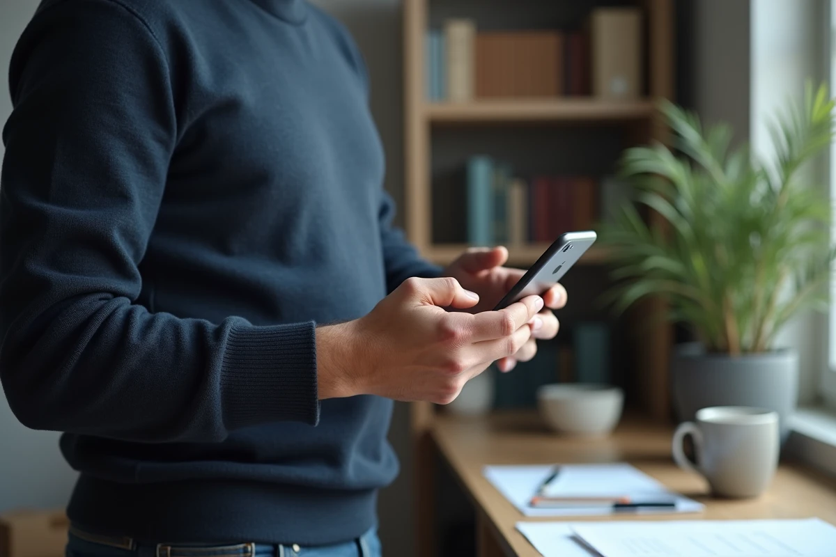 Homme vérifiant ses prélèvements et virements sur l'application mobile La Banque Postale depuis son smartphone