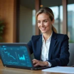 Femme cadre consultant son tableau de bord patrimonial sur un ordinateur portable dans un bureau de banque privée moderne