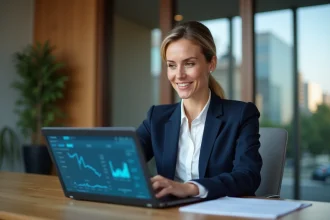 Femme cadre consultant son tableau de bord patrimonial sur un ordinateur portable dans un bureau de banque privée moderne