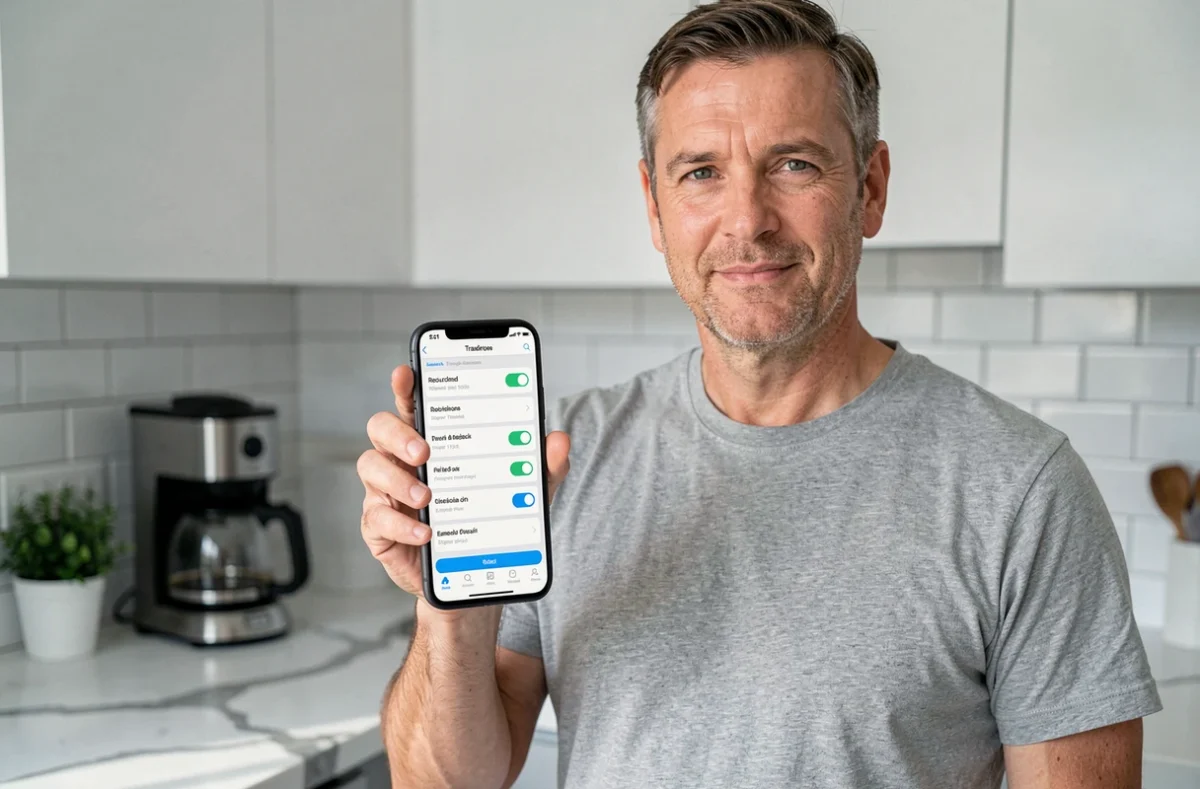 Homme consultant l'application de suivi de remboursement Quoty sur son smartphone dans une cuisine moderne