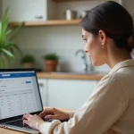 Femme consultant ses virements et prélèvements sur l'application La Banque Postale depuis un ordinateur portable
