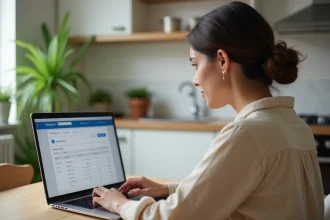 Femme consultant ses virements et prélèvements sur l'application La Banque Postale depuis un ordinateur portable