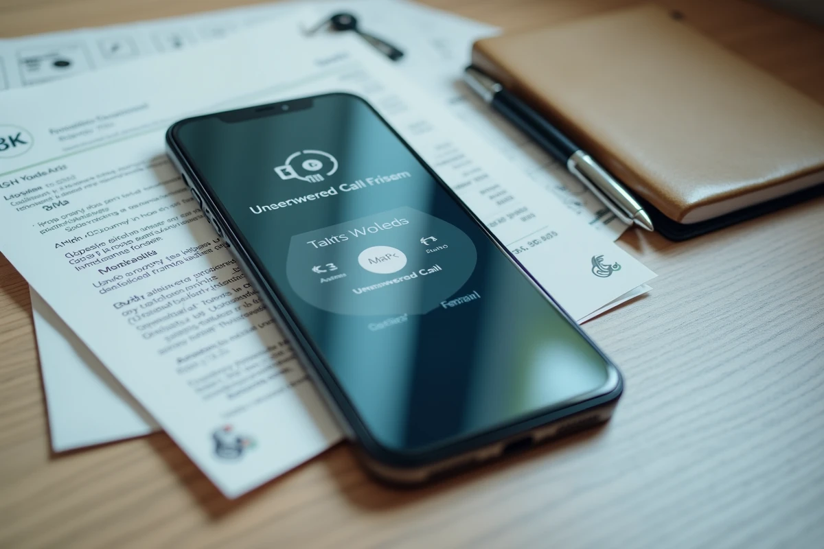 Téléphone affichant un appel sans réponse posé sur des documents de crédit Cetelem