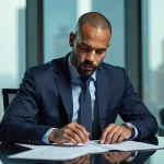 Tony Parker en costume dans un bureau haut de gamme