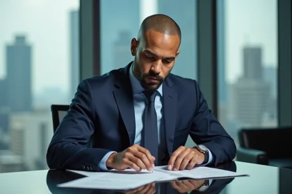 Tony Parker en costume dans un bureau haut de gamme