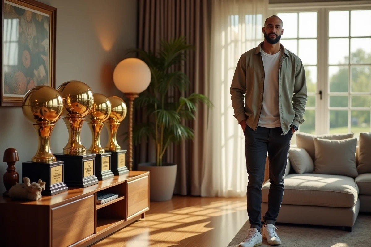 Tony Parker avec trophées de basketball dans un salon moderne