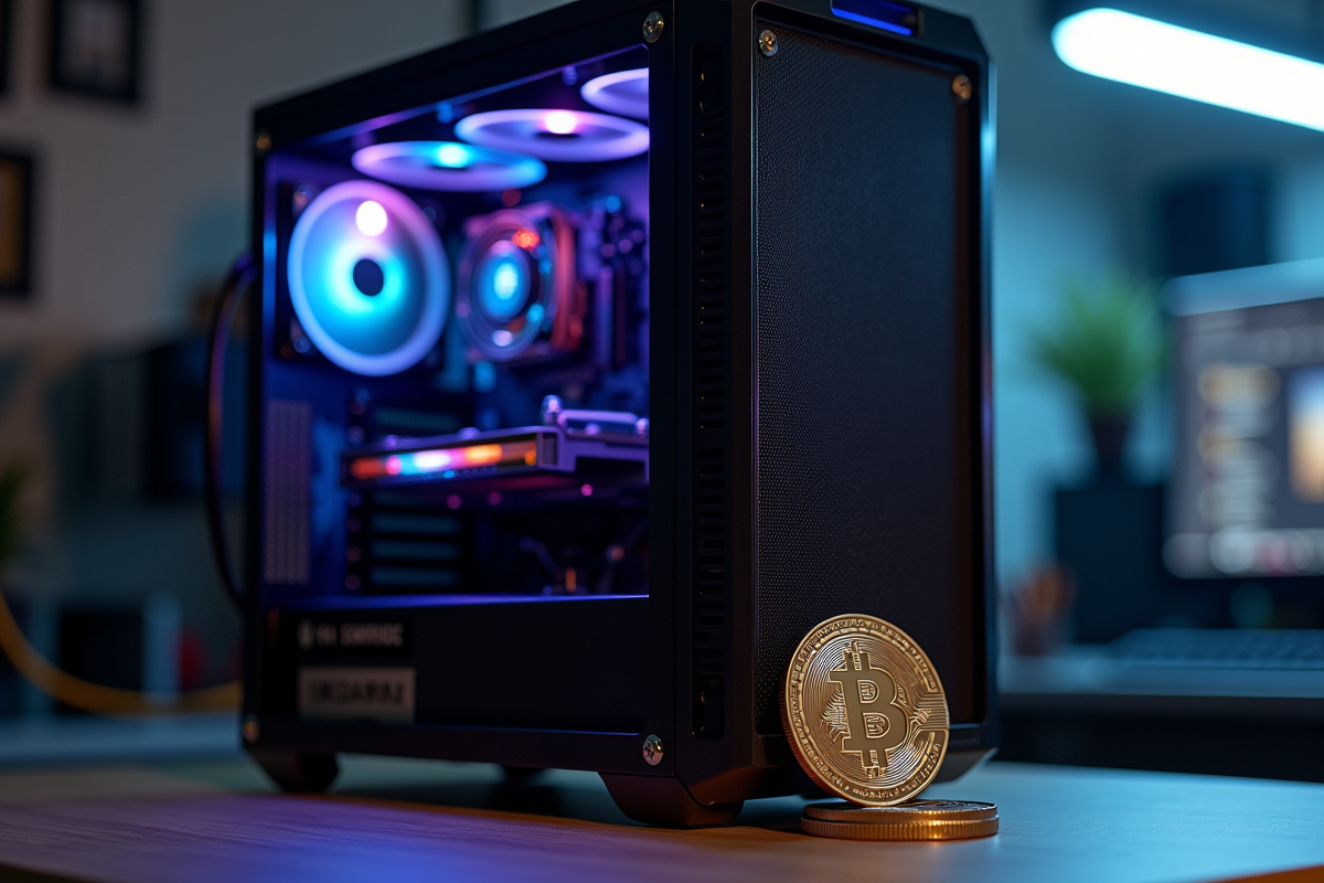 Gros plan sur un boitier d ordinateur pour minage bitcoin avec LED