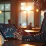 Personne en costume échangeant des actions sur une tablette dans un café lumineux