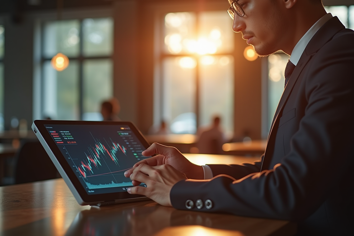 Personne en costume échangeant des actions sur une tablette dans un café lumineux