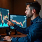 Trader analysant un graphique en chandelier avec un double bottom visible sur plusieurs écrans dans un bureau professionnel