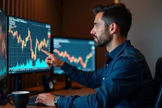 Trader analysant un graphique en chandelier avec un double bottom visible sur plusieurs écrans dans un bureau professionnel
