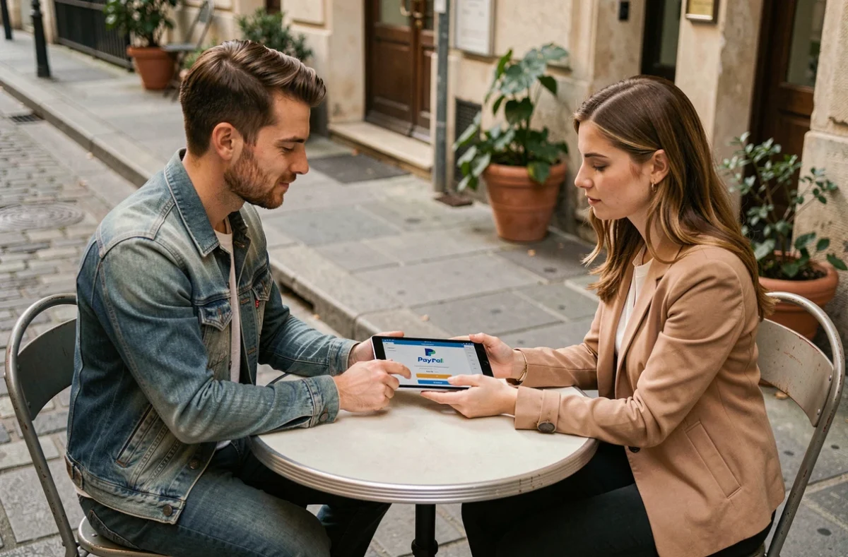 Deux particuliers effectuant un paiement PayPal lors d'une transaction en face à face dans un café