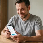 Homme utilisant PayPal sur smartphone pour une vente entre particuliers depuis son bureau à domicile