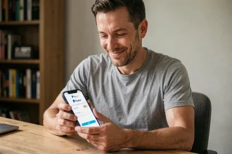 Homme utilisant PayPal sur smartphone pour une vente entre particuliers depuis son bureau à domicile