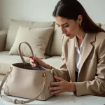 Femme vérifiant l'authenticité d'un sac Christian Dior en examinant la carte et le numéro de série à l'intérieur