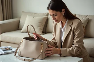 Femme vérifiant l'authenticité d'un sac Christian Dior en examinant la carte et le numéro de série à l'intérieur