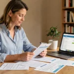 Femme vérifiant ses documents de remboursement Quoty sur un bureau en bois avec un ordinateur portable