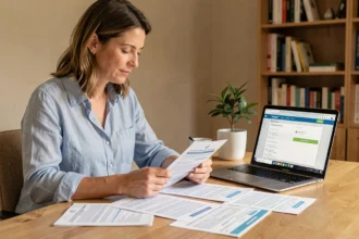 Femme vérifiant ses documents de remboursement Quoty sur un bureau en bois avec un ordinateur portable