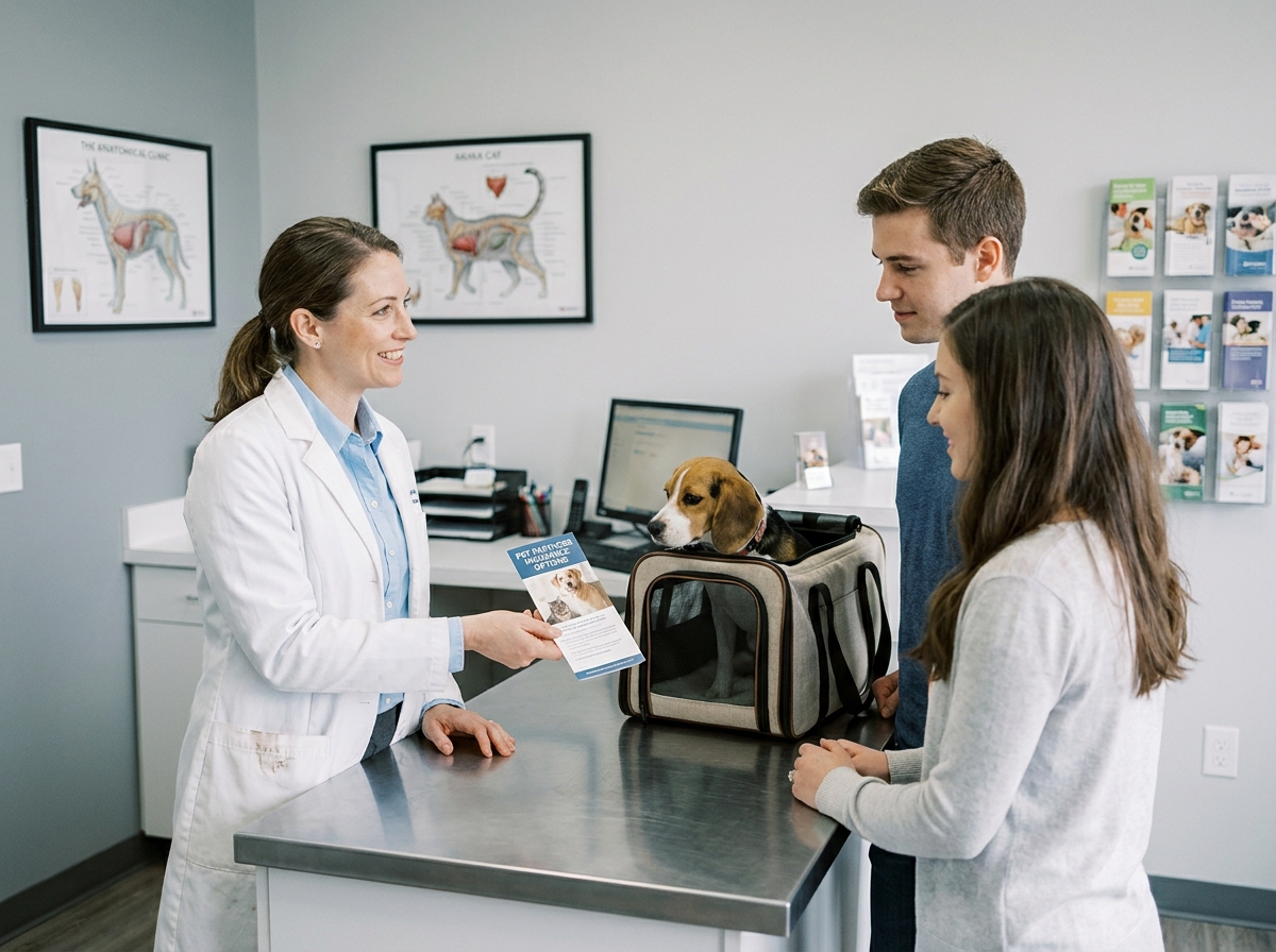 Vétérinaire conseillant un couple sur les options d'assurance santé pour leur chien en clinique