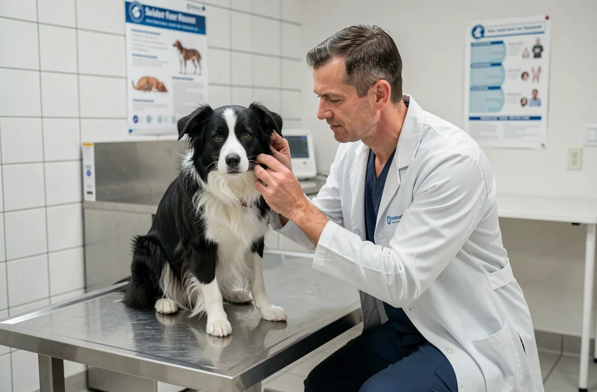 Vétérinaire examinant un border collie en consultation clinique