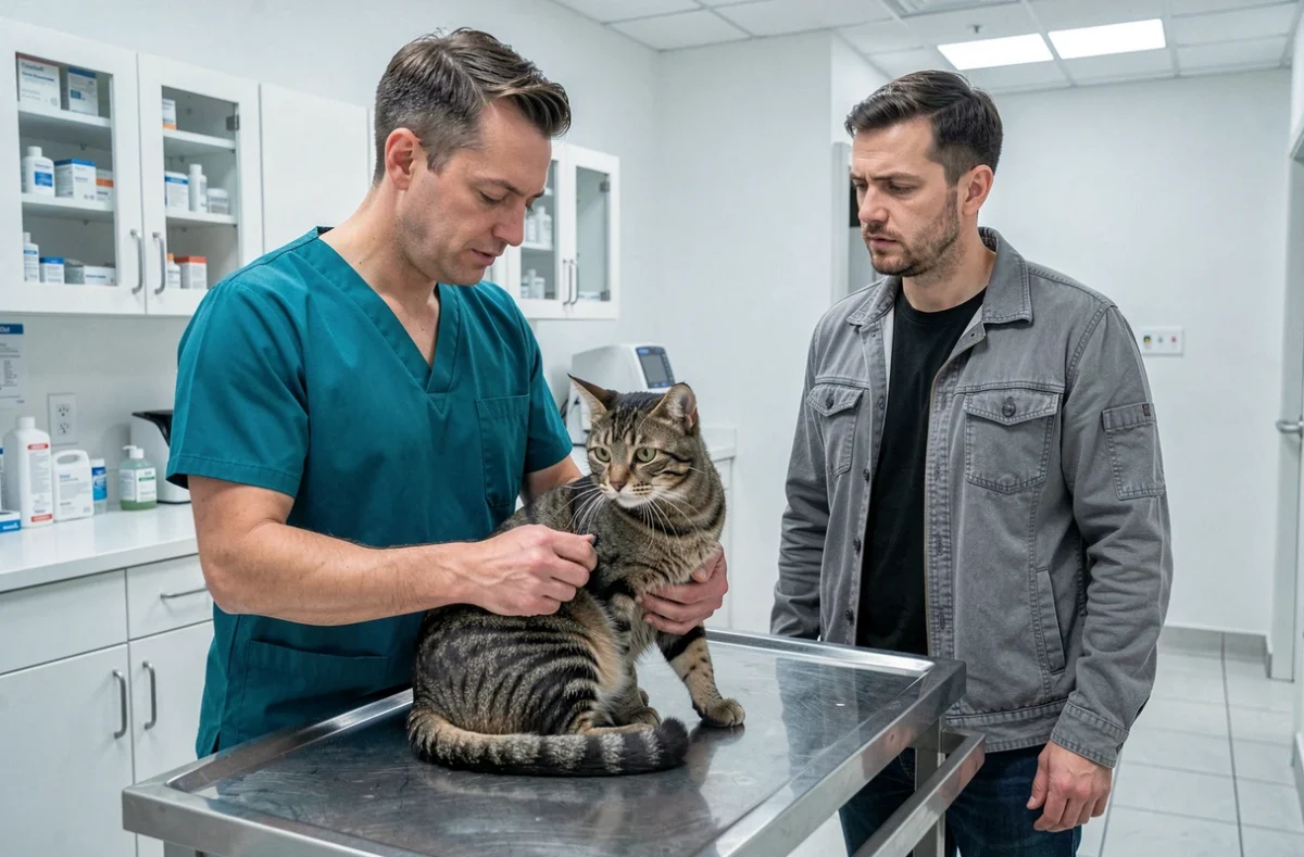 Vétérinaire examinant un chat tigré sur une table de consultation pendant qu'un propriétaire inquiet observe la scène en clinique vétérinaire